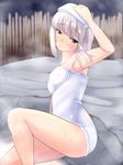  arm_up armpits bad_id bad_pixiv_id blue_eyes blush breasts eyebrows_visible_through_hair from_side girls_und_panzer half-closed_eyes hand_on_own_head head_tilt highres holding holding_towel itsumi_erika legs long_hair medium_breasts naked_towel nksk onsen outdoors short_hair silver_hair sitting small_breasts solo steam towel towel_on_head wet wet_hair 