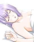 armpits bed breasts cardfight!!_vanguard cleavage closed_eyes collarbone lavender_hair medium_breasts open_mouth short_hair simple_background sleeping solo tokura_misaki white_background wolkenritter_vita1 
