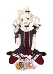  :d animal_ears blonde_hair candy choker cross cross_necklace crossdressing dress fake_animal_ears fang food hair_ornament halloween jewelry lollipop looking_at_viewer male_focus montanyaoh necklace october open_mouth orange_eyes original otoko_no_ko pantyhose simple_background sitting smile solo striped sweets teeth twintails wariza white_background 