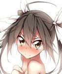  blush brown_eyes hair_ribbon highres kantai_collection long_hair nude out-of-frame_censoring ribbon solo suga_hideo sweat tears tone_(kantai_collection) twintails wavy_mouth white_ribbon 