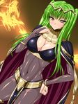  blush bodysuit breasts bridal_gauntlets c.c. cape circlet cleavage code_geass cosplay covered_navel fire_emblem fire_emblem:_kakusei green_hair hand_on_hip highres hime_cut large_breasts latex light_smile loincloth long_hair pelvic_curtain see-through sen_(sansui) skin_tight solo tharja tharja_(cosplay) thighs toned wide_hips yellow_eyes 
