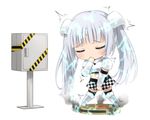  checkered checkered_skirt chibi closed_eyes covering_mouth electricity gauntlets hair_ornament haribote_(tarao) long_hair miss_monochrome miss_monochrome_(character) navel roomba ruu-chan silver_hair skirt smoke twintails 
