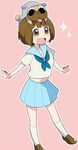  bad_id bad_pixiv_id blue_skirt brown_eyes brown_hair dog guts_(kill_la_kill) kill_la_kill mankanshoku_mako moti navel pink_background pleated_skirt pug school_uniform serafuku short_hair simple_background skirt smile 