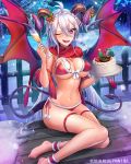 1girl :d ;d ahoge ankleband asmodeus_(lost_crusade) barefoot bikini blush braid breasts cake champagne_flute christmas cup demon_horns demon_tail demon_wings drinking_glass fence food hair_between_eyes hair_ornament holding holding_cup horns icicle large_breasts lost_crusade morichika_shuuto navel night night_sky official_art one_eye_closed open_mouth outdoors purple_eyes red_bikini red_scarf scarf sitting sky smile snow snowing snowman solo sweatdrop swimsuit tail tree visible_air white_hair wings wooden_fence 