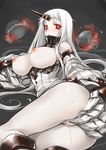  1girl artist_name bare_shoulders blush boots breasts claws detached_sleeves highres horn kantai_collection knee_boots large_breasts long_hair okitakung open_mouth pale_skin pussy_juice red_eyes ribbed_dress seaport_hime shinkaisei-kan solo white_hair 