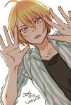  2014 ahoge artist_name bad_id bad_pixiv_id blonde_hair blush dated love_stage!! male_focus play_r sena_izumi solo sweat 