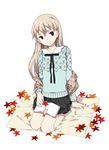  arm_support autumn_leaves book bookmark brown_hair crossdressing full_body head_tilt leaf long_hair long_sleeves looking_at_viewer male_focus montanyaoh november original otoko_no_ko ribbon seiza simple_background sitting skirt smile solo sweater white_background 