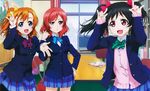  \m/ absurdres black_hair blazer blue_eyes bow brown_hair cardigan double_\m/ hair_bow hand_on_hip highres jacket kousaka_honoka long_hair love_live! love_live!_school_idol_project multiple_girls nishikino_maki non-web_source official_art one_side_up oosugi_naohiro open_blazer open_clothes open_jacket otonokizaka_school_uniform pleated_skirt purple_eyes red_eyes red_hair school_uniform skirt twintails yazawa_nico 