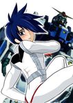  1boy artist_request blue_destiny_03 blue_eyes blue_hair blush gundam gundam_side_story:_the_blue_destiny male_focus mecha pilot_suit rinta_(rintan) solo yu_kajima 