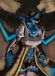  anthro armor black_hair blue_eyes claws clothing curved_horn digital_media_(artwork) dragon fangs female hair horn jewelry legwear saltmore saphira_ulhara scales scalie shorts simple_background stockings thick_thighs western_dragon wings 