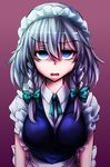  bad_id bad_pixiv_id blue_eyes bow braid breasts commentary hair_bow highres izayoi_sakuya jitome large_breasts looking_at_viewer maid maid_headdress maru_daizu_(aqua6233) purple_background ribbon short_hair silver_hair simple_background solo touhou twin_braids 