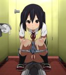  1girl absurdres animeeru ass bathroom black_hair blush brown_eyes censored highres k-on! legs long_hair looking_down nakano_azusa panties panty_pull pussy school_uniform shoes skirt socks solo squat_toilet squatting striped striped_panties thighs toilet_paper twintails underwear uwabaki 