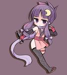 bare_shoulders cosplay crescent crescent_hair_ornament fishnet_legwear fishnets hair_ornament kunai marshmallow_mille ninja patchouli_knowledge purple_background purple_eyes purple_hair scarf solo thighhighs touhou weapon 