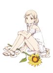  august bare_shoulders brown_hair choker double_bun dress expressionless flower full_body hair_flower hair_ornament long_hair looking_at_viewer low_twintails male_focus montanyaoh original otoko_no_ko sandals simple_background sitting solo sunflower thighs toes twintails very_long_hair white_background white_dress yellow_eyes 