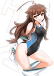  ahoge alternate_costume bad_id bad_pixiv_id blush brown_eyes brown_hair competition_swimsuit dakku_(ogitsune) fang kantai_collection kuma_(kantai_collection) long_hair looking_at_viewer one-piece_swimsuit open_mouth school_uniform serafuku simple_background solo swimsuit translated undressing white_background 