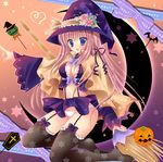  :d black_legwear blue_eyes breasts broom cleavage halloween hat jack-o'-lantern kirishima_riona large_breasts long_hair looking_at_viewer navel open_mouth original panties pantyshot pink_hair smile solo underwear witch_hat 