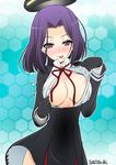  :p blush breasts dress gloves kantai_collection large_breasts looking_at_viewer mechanical_halo naughty_face open_clothes open_shirt purple_eyes purple_hair ribbon sata_(sat) shirt shirt_pull short_dress short_hair solo sweatdrop tatsuta_(kantai_collection) tongue tongue_out 