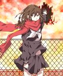  anime_coloring bad_id bad_pixiv_id brown_eyes brown_hair chain-link_fence fence hair_ornament hairclip highres kagerou_project long_hair looking_at_viewer manako_(manatera) navel pleated_skirt red_scarf scarf school_uniform serafuku skirt solo tateyama_ayano wind 