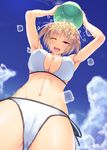  als_ice_bucket_challenge arcueid_brunestud arms_up bikini blonde_hair blush breasts bucket cameltoe cleavage covered_nipples from_below ice large_breasts melty_blood miyai_sen navel one_eye_closed open_mouth red_eyes short_hair side-tie_bikini smile solo swimsuit tsukihime water 