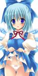  :d blue_eyes blue_hair bow bowtie cirno hair_bow hair_ribbon ice ice_wings kirishima_riona looking_at_viewer open_mouth panties ribbon skirt skirt_lift smile solo touhou underwear white_panties wings 