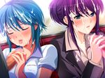  2boys 2girls blue_hair blush character_request chikan chikan_senyou_sharyou cum cum_on_clothes cum_on_hair facial frill game_cg handjob koizumi_amane multiple_boys multiple_girls penis purple_hair tongue tongue_out train train_interior 