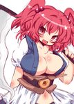  :d blush breasts cleavage hair_bobbles hair_ornament large_breasts looking_at_viewer muuba navel onozuka_komachi open_mouth pink_hair red_eyes scythe short_hair sketch smile solo touhou two_side_up 