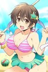  :d beach bikini bikini_skirt breasts brown_eyes brown_hair cleavage collarbone crack day food fruit hair_ornament idolmaster idolmaster_cinderella_girls large_breasts midriff o_(tanutanu_i) oikawa_shizuku open_mouth outdoors sand short_hair smile starfish_hair_ornament suikawari swimsuit watermelon 