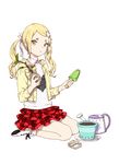  april blonde_hair crossdressing hair_ornament hair_ribbon jacket long_hair looking_at_viewer male_focus montanyaoh original otoko_no_ko plant pot ribbon seiza simple_background sitting skirt solo trowel twintails watering_can white_background yellow_eyes 