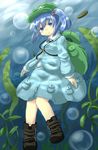  backpack bag blouse blue_eyes blue_hair boots bubble cabbie_hat colored_eyelashes green_hat hair_bobbles hair_ornament hat highres kawashiro_nitori key kibisake knees_together_feet_apart long_sleeves pursed_lips reeds skirt solo touhou two_side_up underwater 