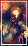  animal_ears brooch brown_hair cha_goma full_moon highres imaizumi_kagerou jewelry long_hair moon night night_sky open_mouth red_eyes sky solo touhou wolf_ears 