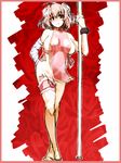  adapted_costume apron bandages border breasts cuffs double_bun full_body highres hiichisato ibaraki_kasen large_breasts looking_at_viewer naked_apron naked_tabard pink_hair pole pole_dancing red_eyes shackles short_hair sketch solo standing stripper_pole tabard thigh_strap touhou vibrator 