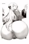  1girl anus ass back bottomless curvy decensored from_behind hair_over_one_eye highres huge_ass jacket lips long_hair looking_at_viewer looking_back monochrome orushibu photoshop plump pokemon pubic_hair pussy shirona_(pokemon) uncensored wide_hips 