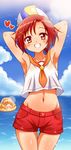  armpits arms_behind_head ball beachball blonde_hair clenched_teeth crop_top crop_top_overhang grin hairband hino_akane_(smile_precure!) kise_yayoi kuga_yoshito looking_at_viewer midriff multiple_girls navel ocean precure red_eyes red_hair shiny shiny_skin short_hair shorts smile smile_precure! teeth thigh_gap 