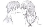  black_and_white fujioka_haruhi greyscale highres kiss monochrome ouran_high_school_host_club suzumiya_haruhi suzumiya_haruhi_no_yuuutsu yuri 