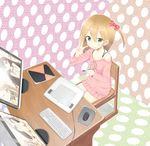  ;d blue_eyes bow brown_hair casual chair computer desk dress green_eyes hair_bow hair_ribbon highres holding holding_stylus keyboard_(computer) long_hair looking_at_viewer monitor mouse_(computer) multiple_girls one_eye_closed open_mouth original pink_dress red_eyes ribbon side_ponytail sitting smile tablet tazaki_hayato v 