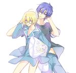  ahoge androgynous blonde_hair blue_eyes blue_hair blush body_pillow dakimakura_(object) hana_(kikilala) ichijou_ryouma lala-lulu_(love_stage!!) love_stage!! male_focus multiple_boys pillow purple_eyes sena_izumi sweat 