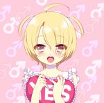  ahoge bad_id bad_pixiv_id blonde_hair blush love_stage!! male_focus mars_symbol msp_sammy open_mouth otoko_no_ko pillow sena_izumi smile solo yellow_eyes yes yes-no_pillow younger 