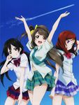  &gt;:) :d \o/ absurdres arms_up black_hair brown_eyes brown_hair condensation_trail day dress_shirt highres legs long_hair love_live! love_live!_school_idol_project low_twintails minami_kotori multiple_girls necktie nishikino_maki non-web_source official_art one_side_up open_mouth outstretched_arms pleated_skirt purple_eyes red_eyes red_hair school_uniform shirt skirt sky smile teeth twintails v-shaped_eyebrows very_long_hair yazawa_nico 