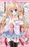  :d black_legwear blonde_hair blue_eyes bow breasts cleavage hair_bow hair_ribbon heart kirishima_riona large_breasts long_hair looking_at_viewer open_mouth original ribbon smile solo twintails 