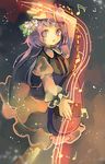  biwa_lute cha_goma flower hair_flower hair_ornament highres instrument lavender_eyes lavender_hair long_hair low_twintails lute_(instrument) musical_note open_mouth solo touhou tsukumo_benben twintails 
