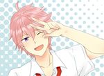  blush free! male_focus necktie one_eye_closed open_mouth pink_hair purple_eyes school_uniform shigino_kisumi smile solo 