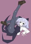  :o ahoge animal_ears aqua_eyes bad_id bad_pixiv_id black_legwear black_skirt blush cat_ears full_body highres leg_up long_sleeves looking_at_viewer necktie open_mouth pantyhose purple_background sanya_v_litvyak short_hair silver_hair simple_background skirt solo strike_witches tailcoat take_shinobu world_witches_series 