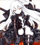  &gt;:) aircraft_carrier_hime armor armored_boots bad_id bad_pixiv_id bare_shoulders black_dress black_skin boots breasts colored_pencil_(medium) dress gauntlets groin iroha_(nullpo) kantai_collection long_hair looking_at_viewer machinery medium_breasts midriff multicolored multicolored_skin navel one_side_up orange_eyes sailor_collar shikishi shinkaisei-kan sitting sleeveless sleeveless_dress smile solo torn_clothes torn_dress traditional_media turret two-tone_skin v-shaped_eyebrows very_long_hair white_background white_skin 