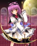  bow brown_eyes eiyuu_densetsu hair_bow hair_ribbon holding holding_scythe kirishima_riona looking_at_viewer purple_hair red_neckwear renne ribbon scythe short_hair smile solo sora_no_kiseki 