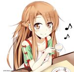  asuna_(sao) brown_eyes brown_hair casual chair copyright_name cup highres holding long_hair looking_at_viewer musical_note smile solo sword_art_online tazaki_hayato teacup 