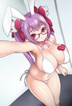  animal_ears bikini breasts bunny_ears cleavage di_gi_charat dice_hair_ornament glasses hair_ornament huge_breasts long_hair looking_at_viewer navel onomeshin parted_lips purple_hair red_eyes side-tie_bikini solo swimsuit twintails usada_hikaru 