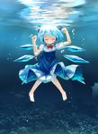  bare_legs blue_hair bow cirno closed_eyes fish hair_bow hair_ribbon highres ice ice_wings poly ribbon short_hair smile submerged summer touhou underwater wings 