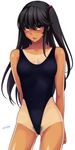  arms_behind_back bad_id bad_pixiv_id black_hair black_swimsuit blush competition_swimsuit cowboy_shot hair_bobbles hair_ornament highleg highleg_swimsuit highres hiromin looking_at_viewer one-piece_swimsuit one-piece_tan original pubic_hair simple_background solo swimsuit tan tanline twitter_username two_side_up white_background yellow_eyes 