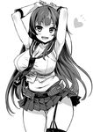  agano_(kantai_collection) armpits arms_up asanagi bad_id bad_twitter_id blush breasts cleavage gloves greyscale highres inactive_account kantai_collection large_breasts long_hair looking_at_viewer miniskirt monochrome navel open_mouth school_uniform single_thighhigh skirt smile solo thighhighs 