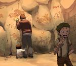  black_hair boots buck_teeth cave cave_paintings child freckles ice_age_(movie) male_focus manfred_(ice_age) multiple_boys open_mouth personification pointing roshan_(ice_age) sidney_(ice_age) smile standing suspenders sweater t_k_g 